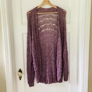 Hand knit Ribbon Lace Long Cocoon Cardigan Metallic Purple One Size Open Front